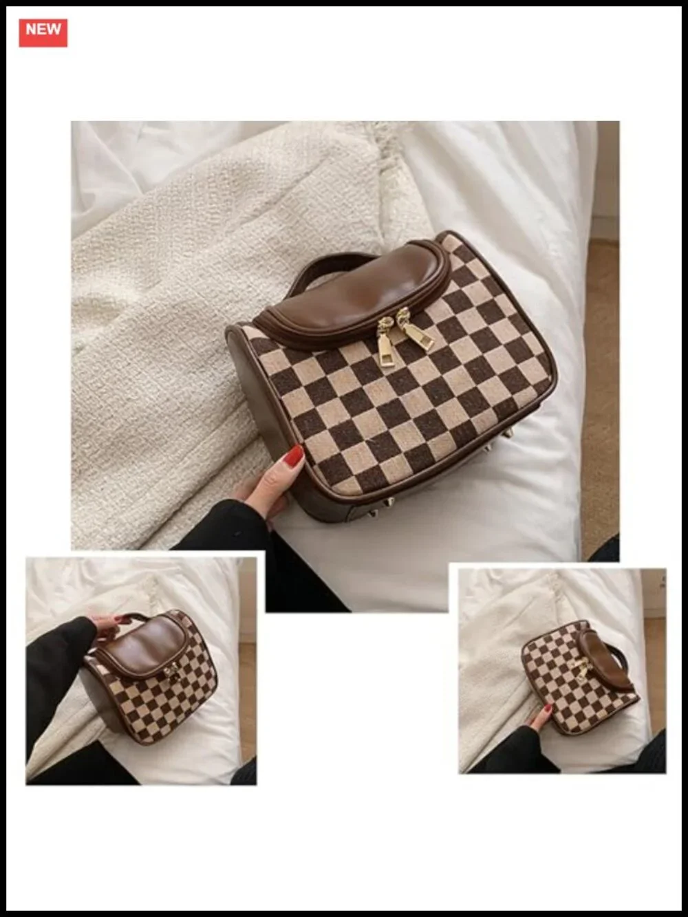 Vintage Checkered Cosmetic Bag Large Capacity PU Leather Makeup Pouch